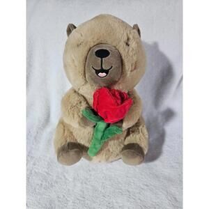 New Walmart Capybara Plush Stuffed Toy Holding A Rose So Soft Light Brown 10"